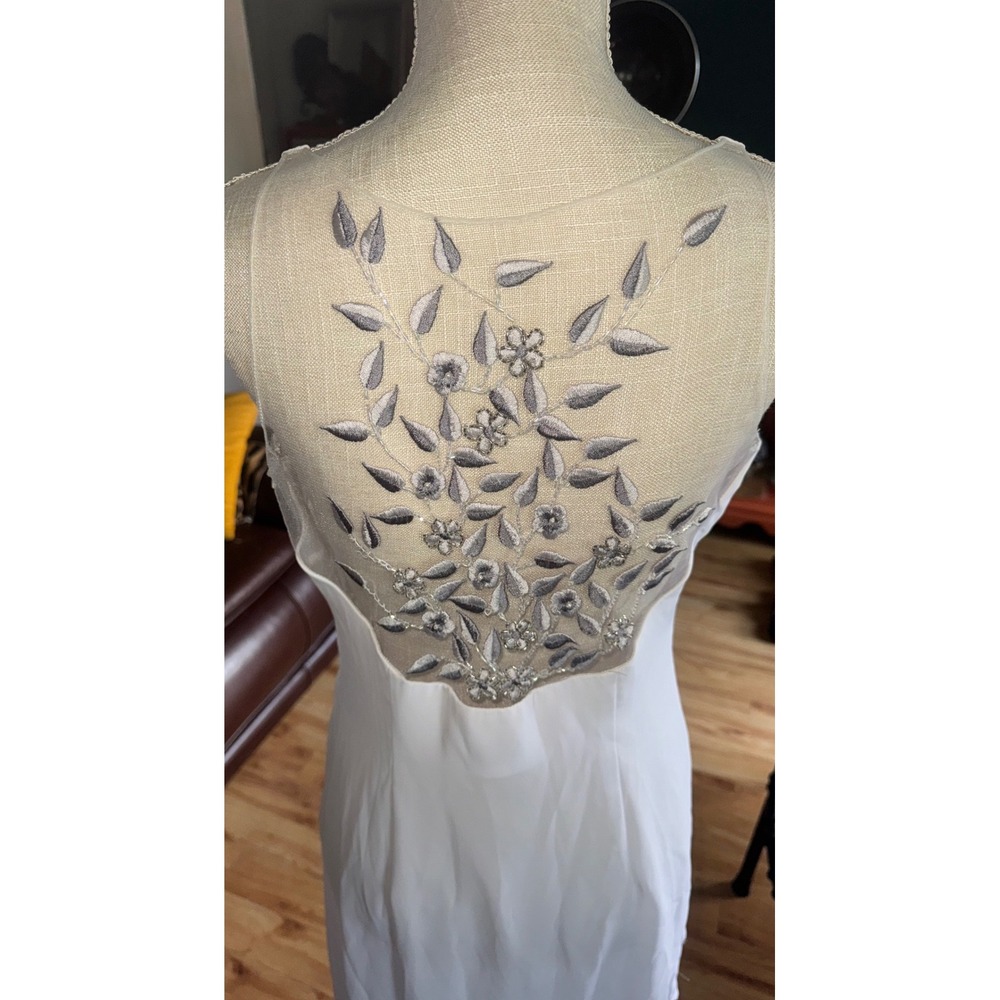 Fiesta White Beaded Floral Gown Sheer Mesh Back Asymmetrical Hem M/L Y2K FLAW